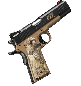  One of the finest all-around 1911 pistols available Kimber, complete with fiber optic sights, Kryptek Highlander grips, desert tan frame and a black slide with tan engraving. Kimber is a proud sponsor of Boot Campaign.