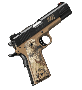  One of the finest all-around 1911 pistols available Kimber, complete with fiber optic sights, Kryptek Highlander grips, desert tan frame and a black slide with tan engraving. Kimber is a proud sponsor of Boot Campaign.